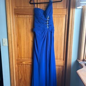 One shoulder blue prom dress